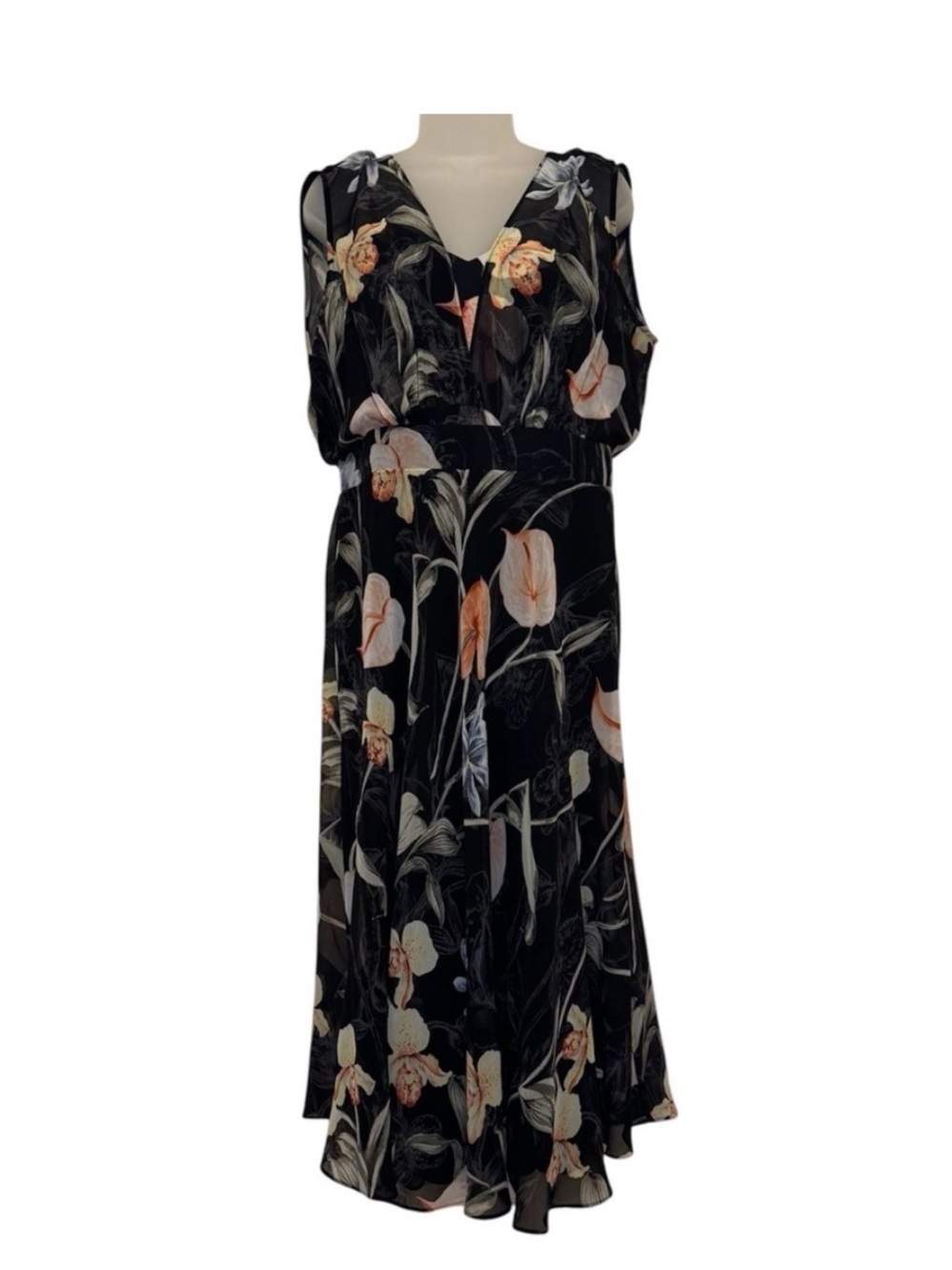 White House Black Market Black Floral Midi Dress